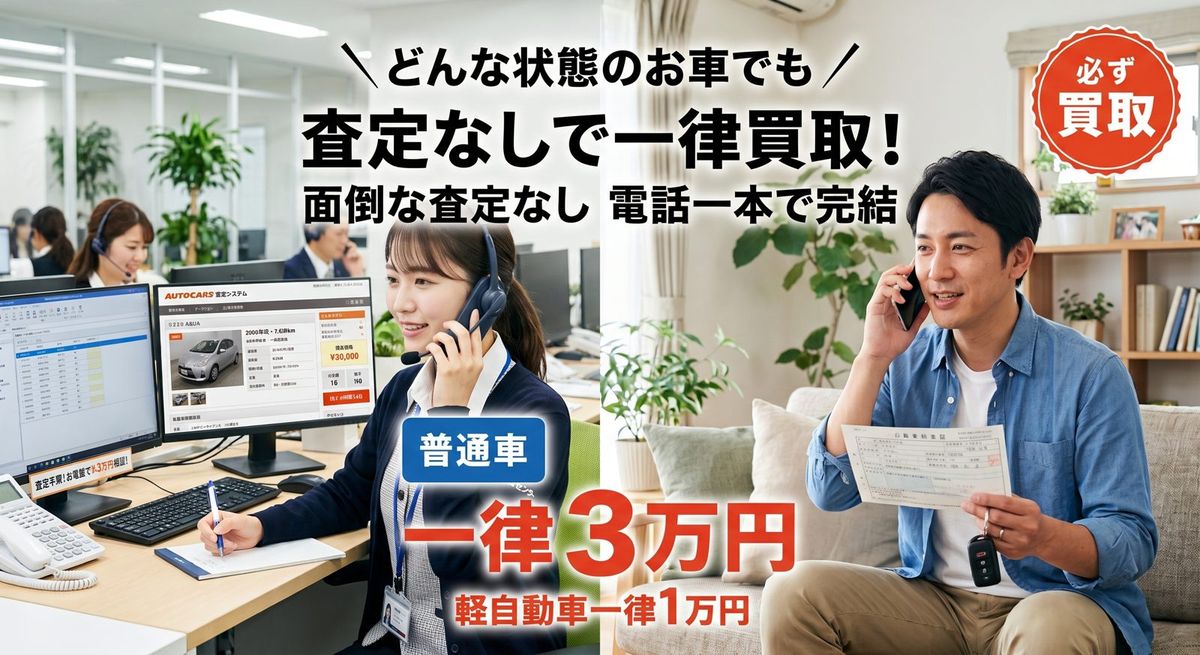 どんな状態のお車でも査定なしで一律買取。普通車一律3万円・軽自動車一律1万円。電話一本で完結